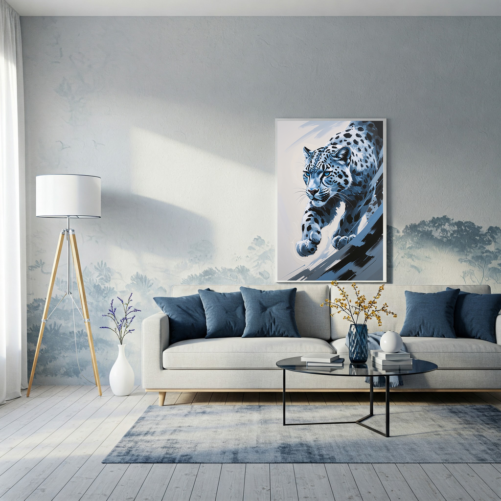 Abstract Snow Leopard II digital art print by Reflectionare featuring a modern wildlife design with a sleek snow leopard illustration.