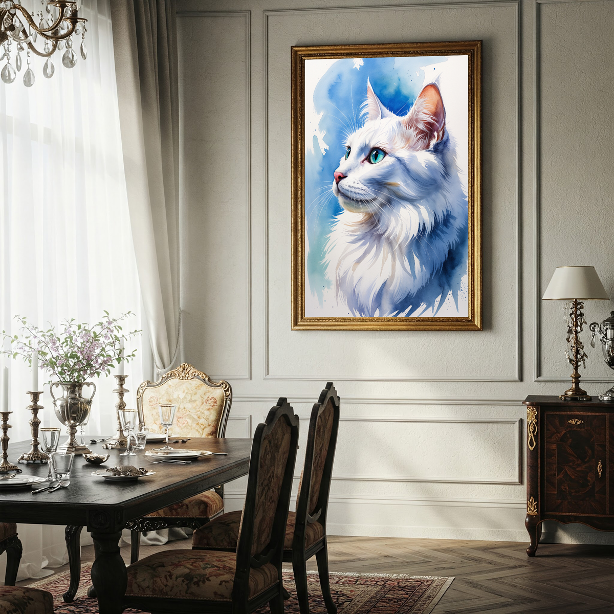 Watercolor white Angora cat portrait above a dining table