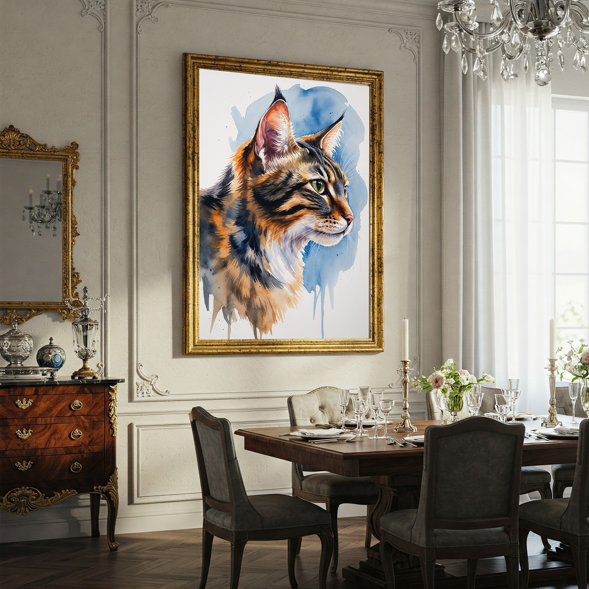 Watercolor Siberian cat portrait above a dining table