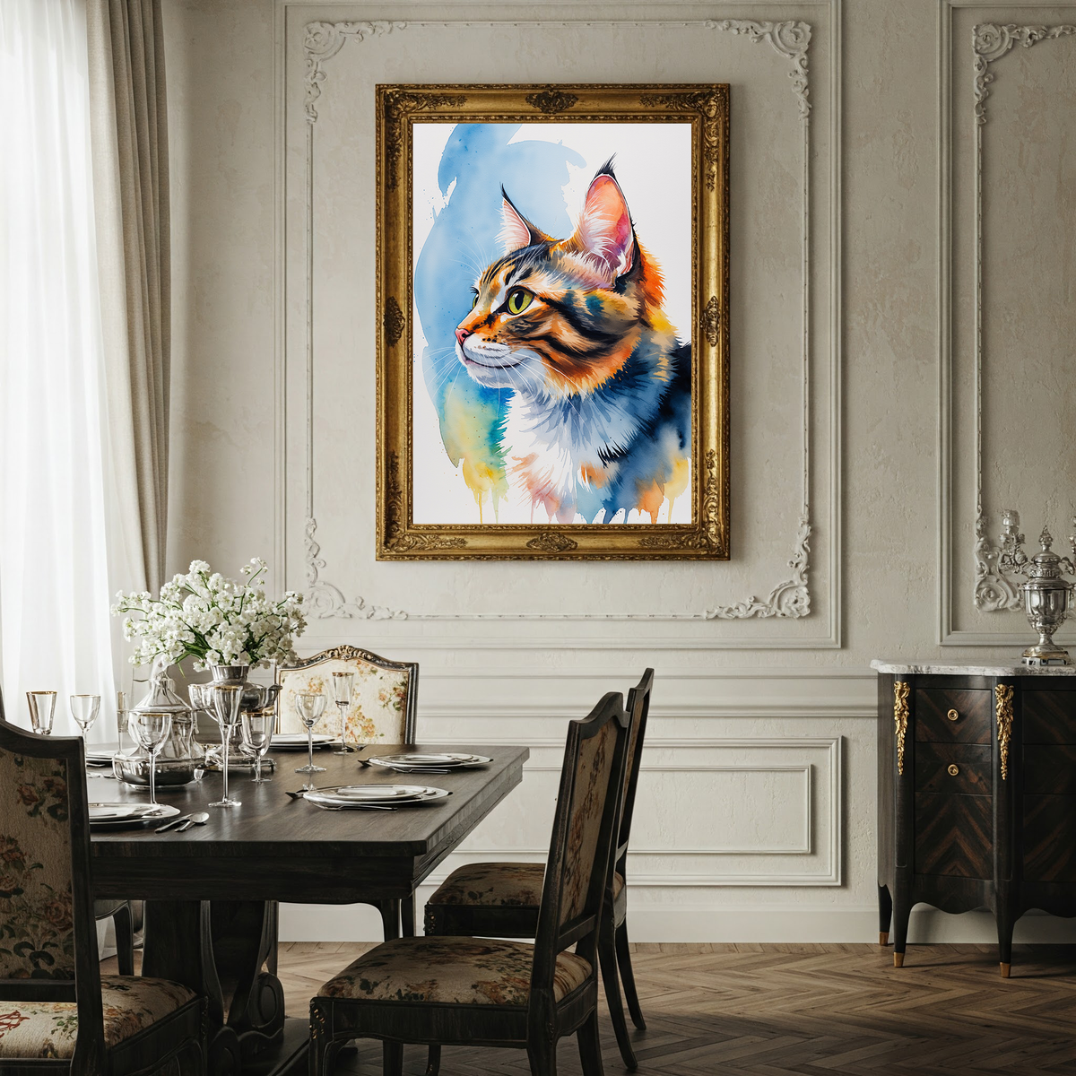 Watercolor tabby cat portrait above a dining table