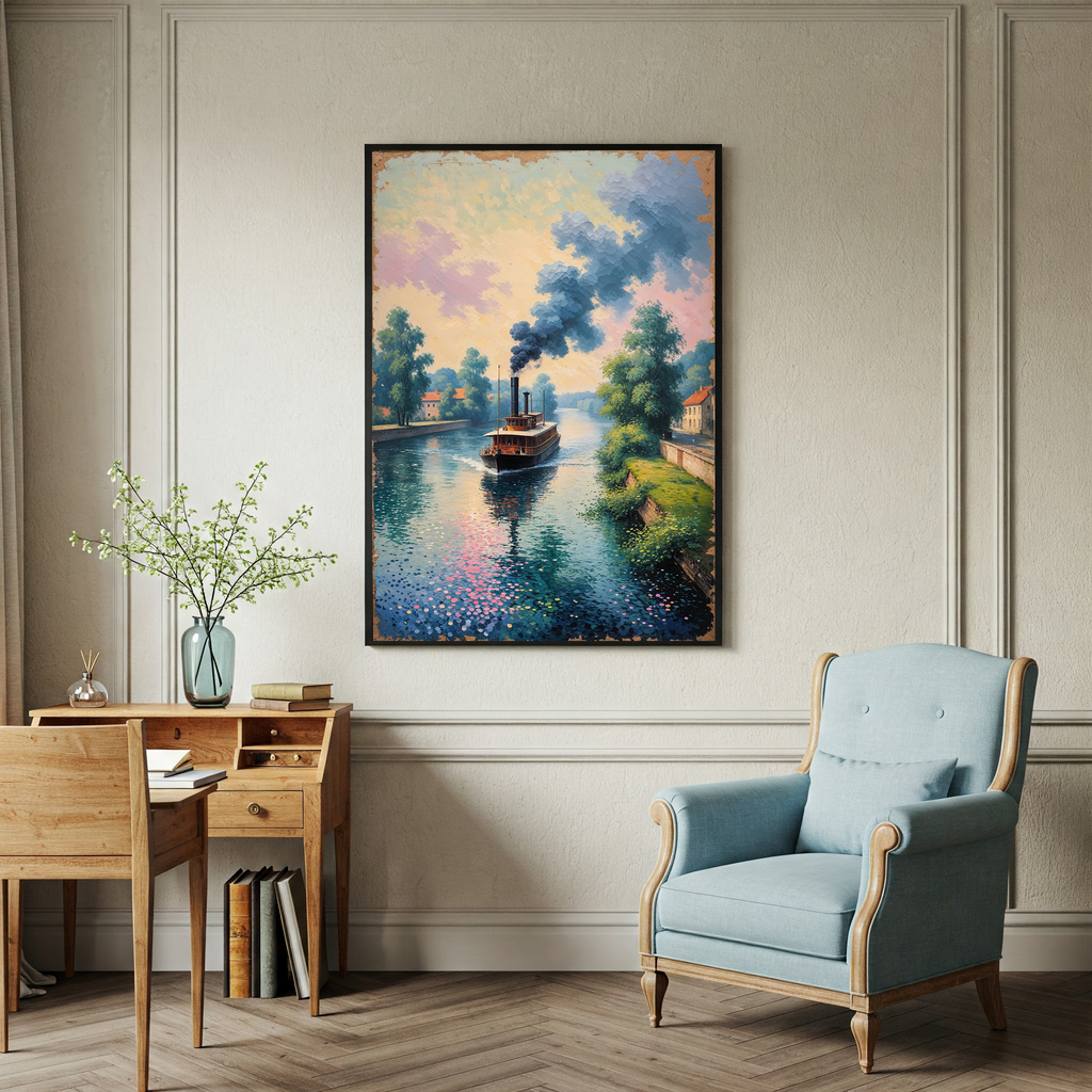 Vintage Steamboat River Painting Wall Art | Digital Download