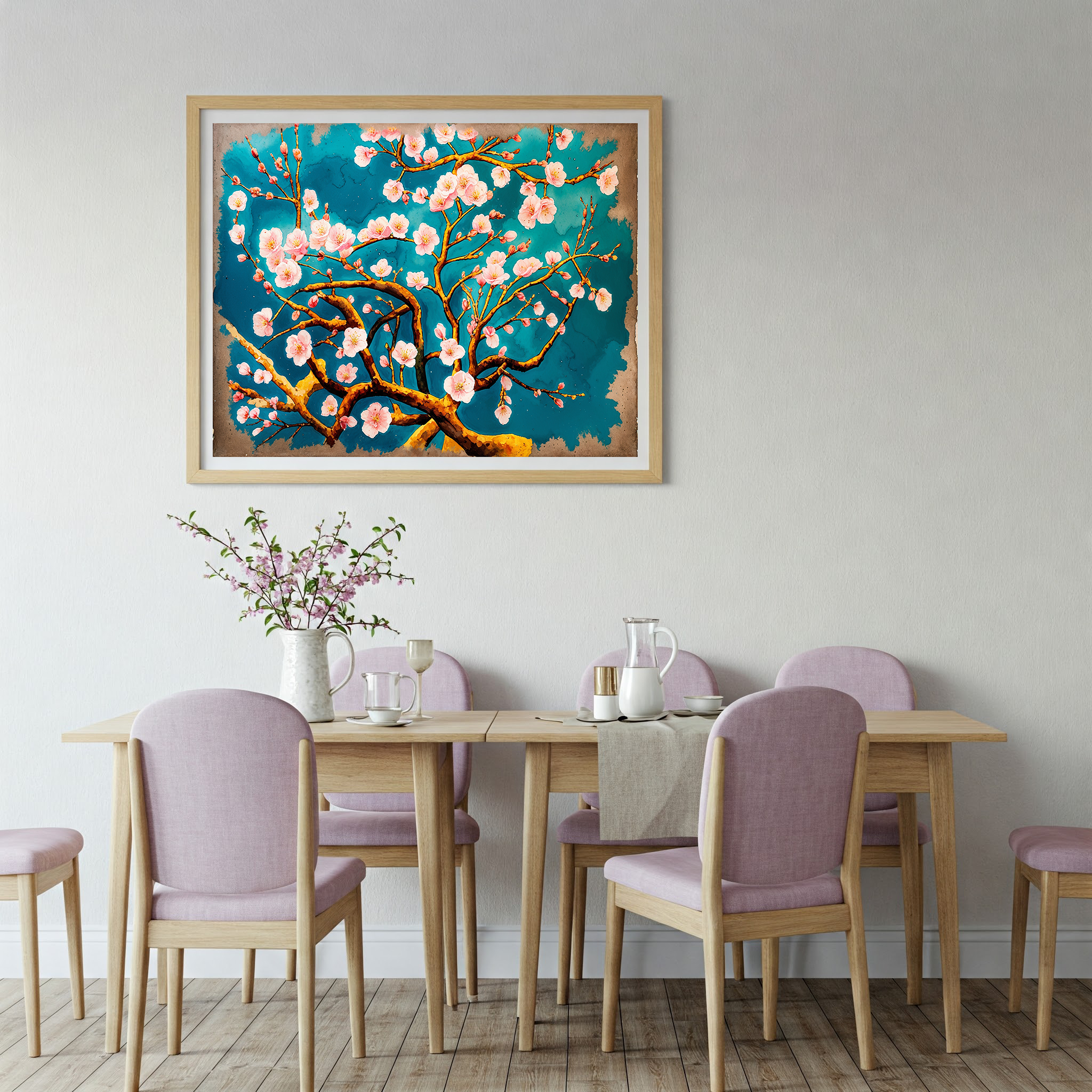 Cherry Blossom Painting Teal Wall Art | Digital Download