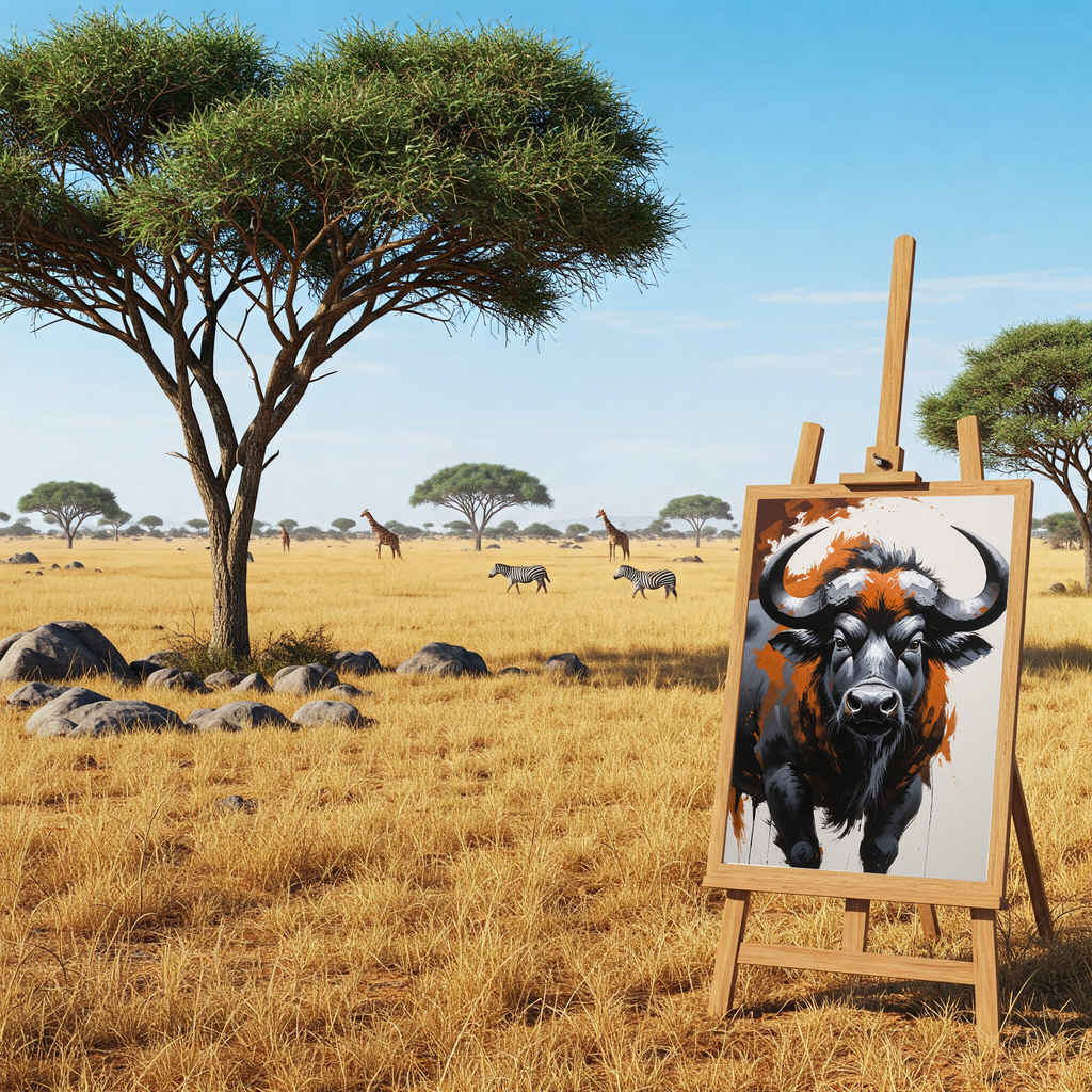 Abstract African buffalo digital art print by Reflectionare, featuring modern wildlife wall decor with vibrant, artistic animal imagery.
