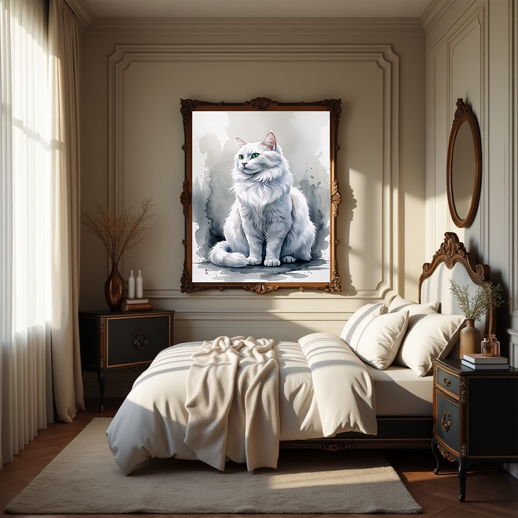 Watercolor white cat portrait above a bed in a bedroom