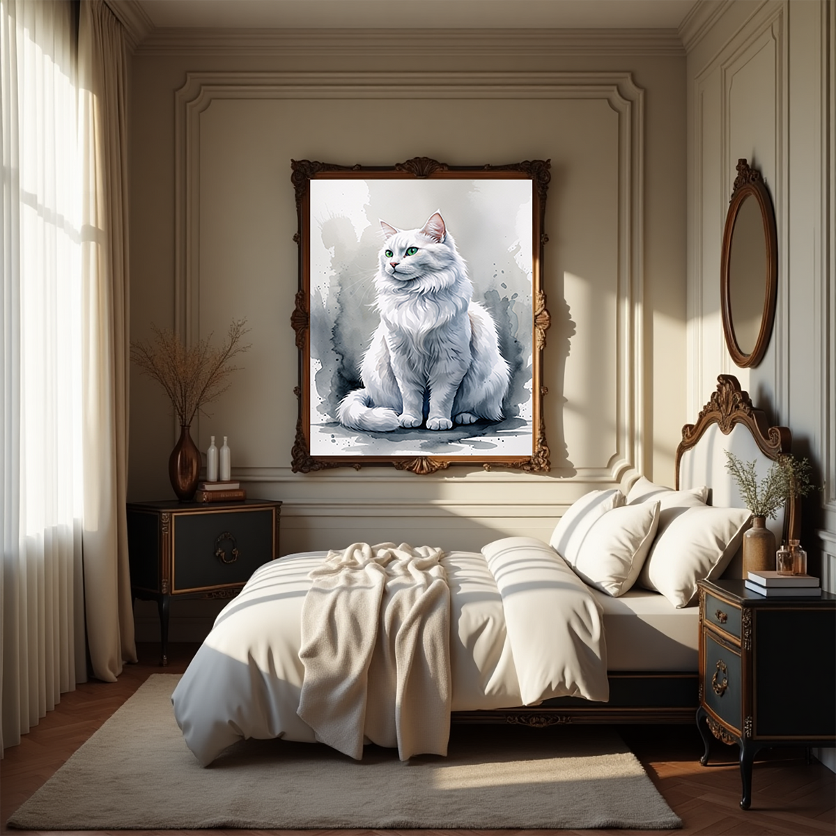 Watercolor white cat portrait above a bed in a bedroom