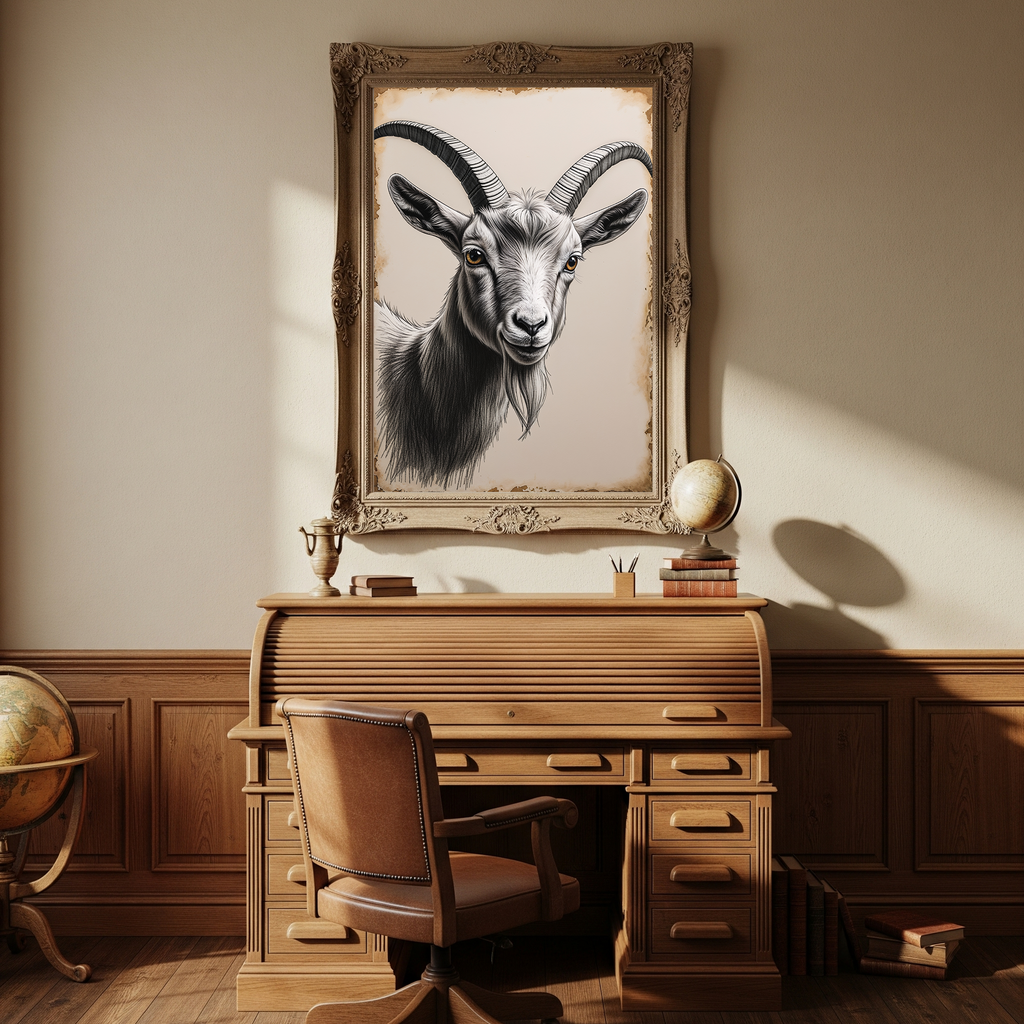 Detailed digital print of a vintage goat portrait art by Reflectionare, showcasing a farm animal illustration with intricate details.