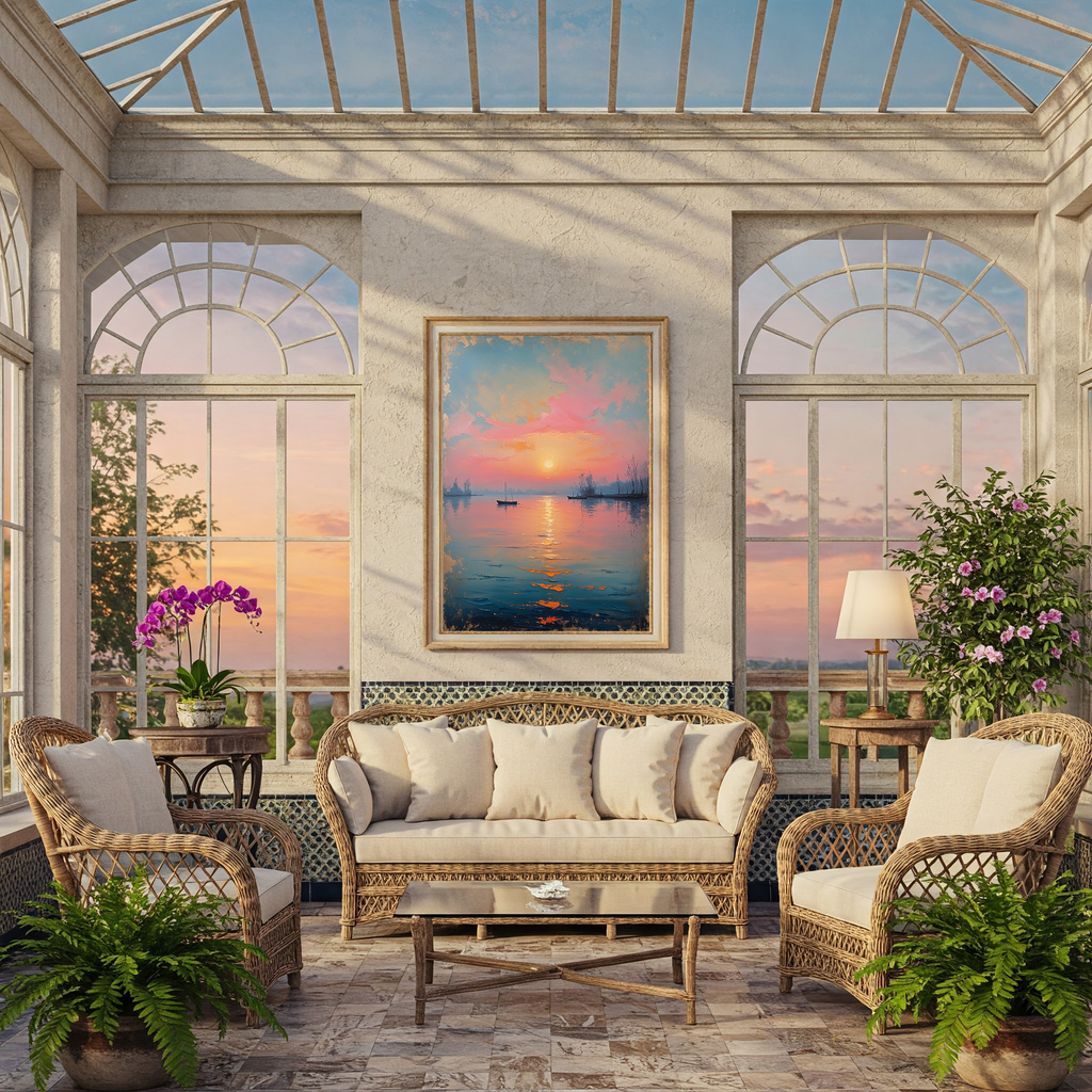 Serene Sunset Boat Painting Lake Seascape | Digital Download