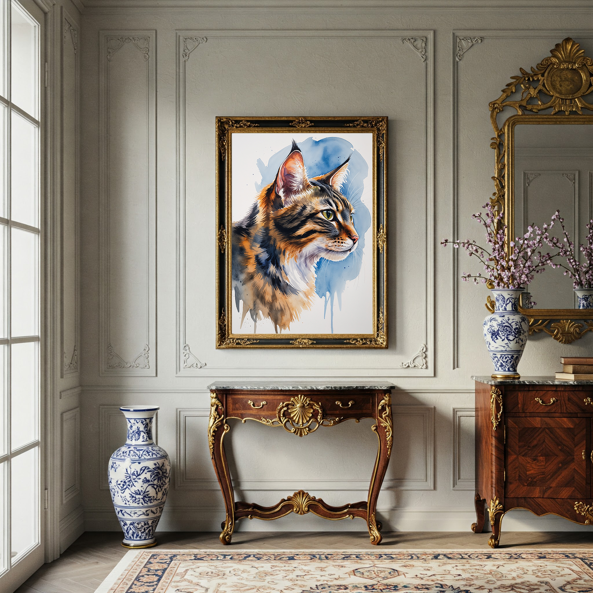 Watercolor Siberian cat portrait above a console table