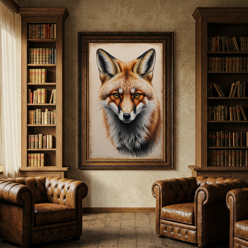 Detailed digital print of a vintage fox portrait wildlife illustration by Reflectionare, showcasing intricate fur and expressive features.