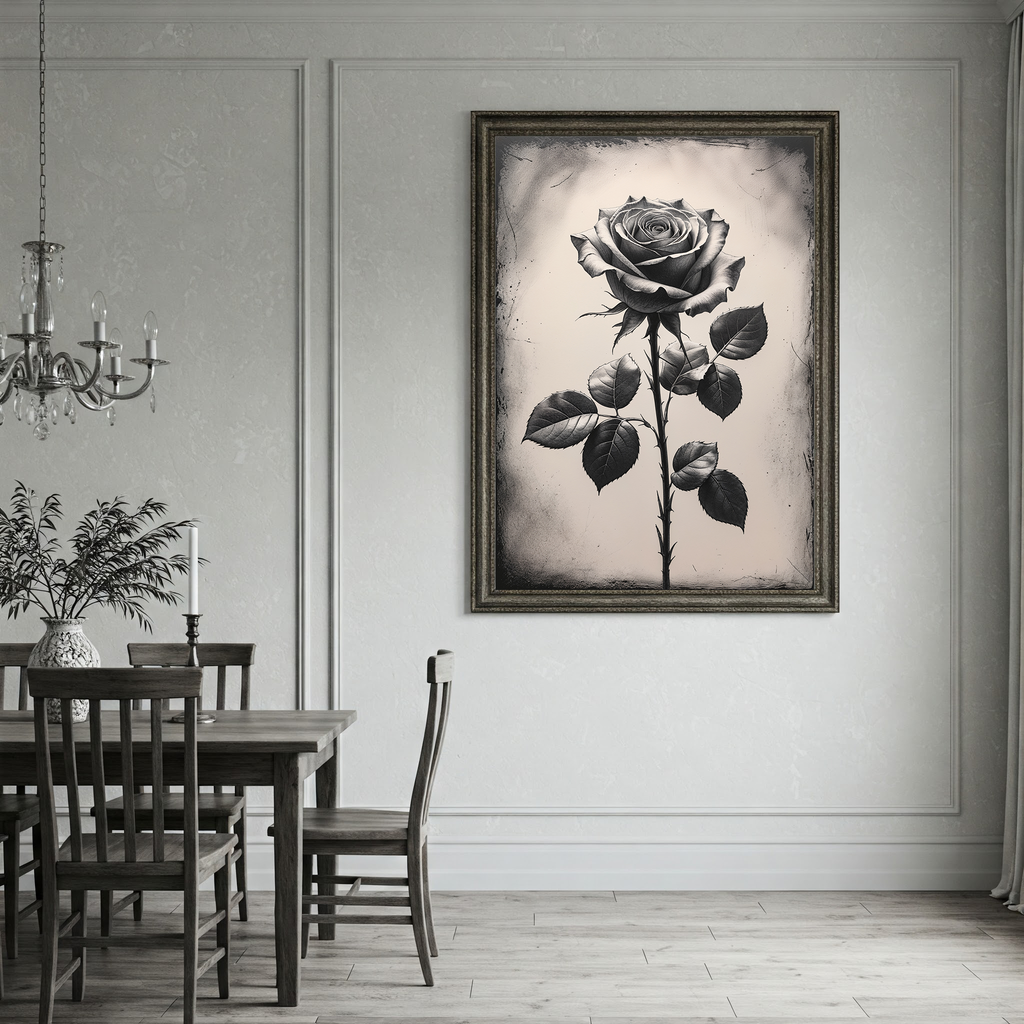 Vintage Monochrome Rose Wall Art Print | Black and White Floral Decor