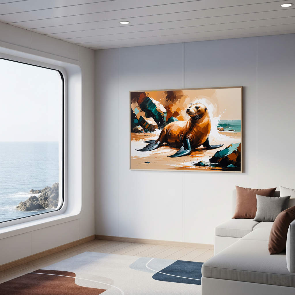 Vibrant Sea Lion Beach Painting Wall Art | Digital Download