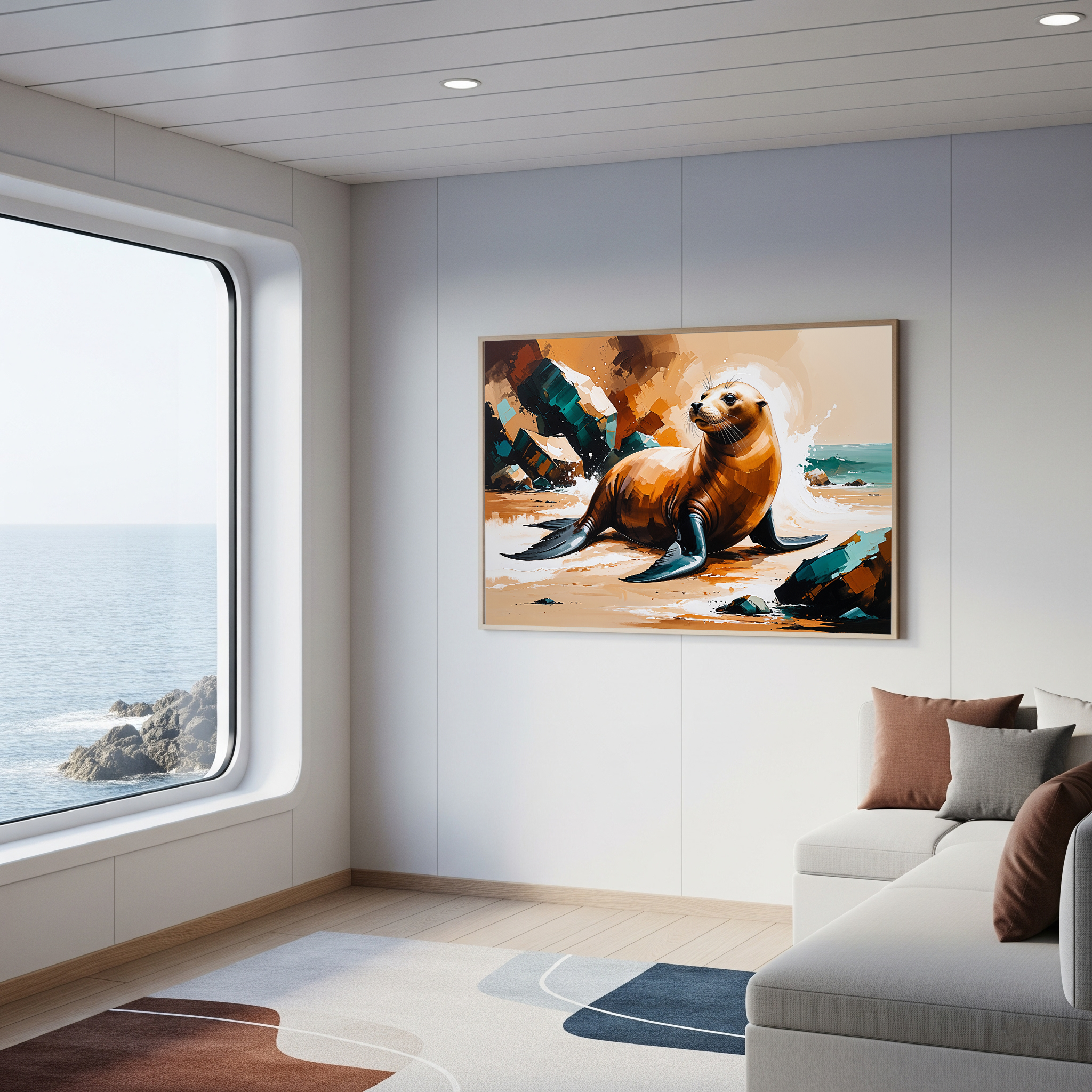Vibrant Sea Lion Beach Painting Wall Art | Digital Download