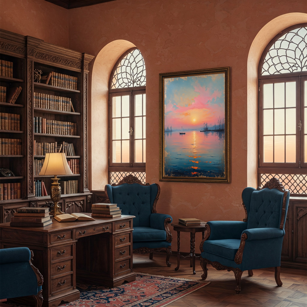 Serene Sunset Boat Painting Lake Seascape | Digital Download