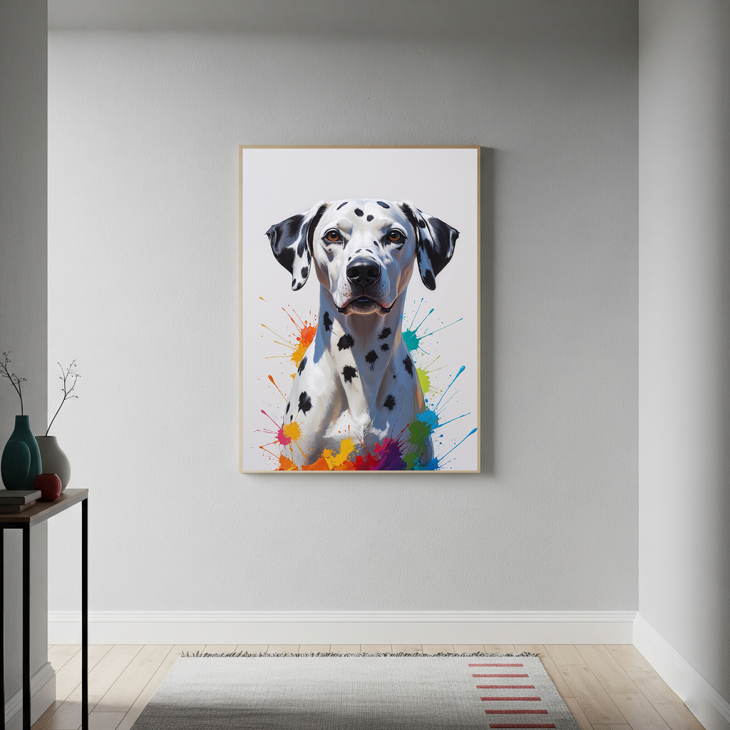 Colorful Dalmatian digital art by Reflectionare featuring a vibrant, abstract spotted dog illustration on a white background.