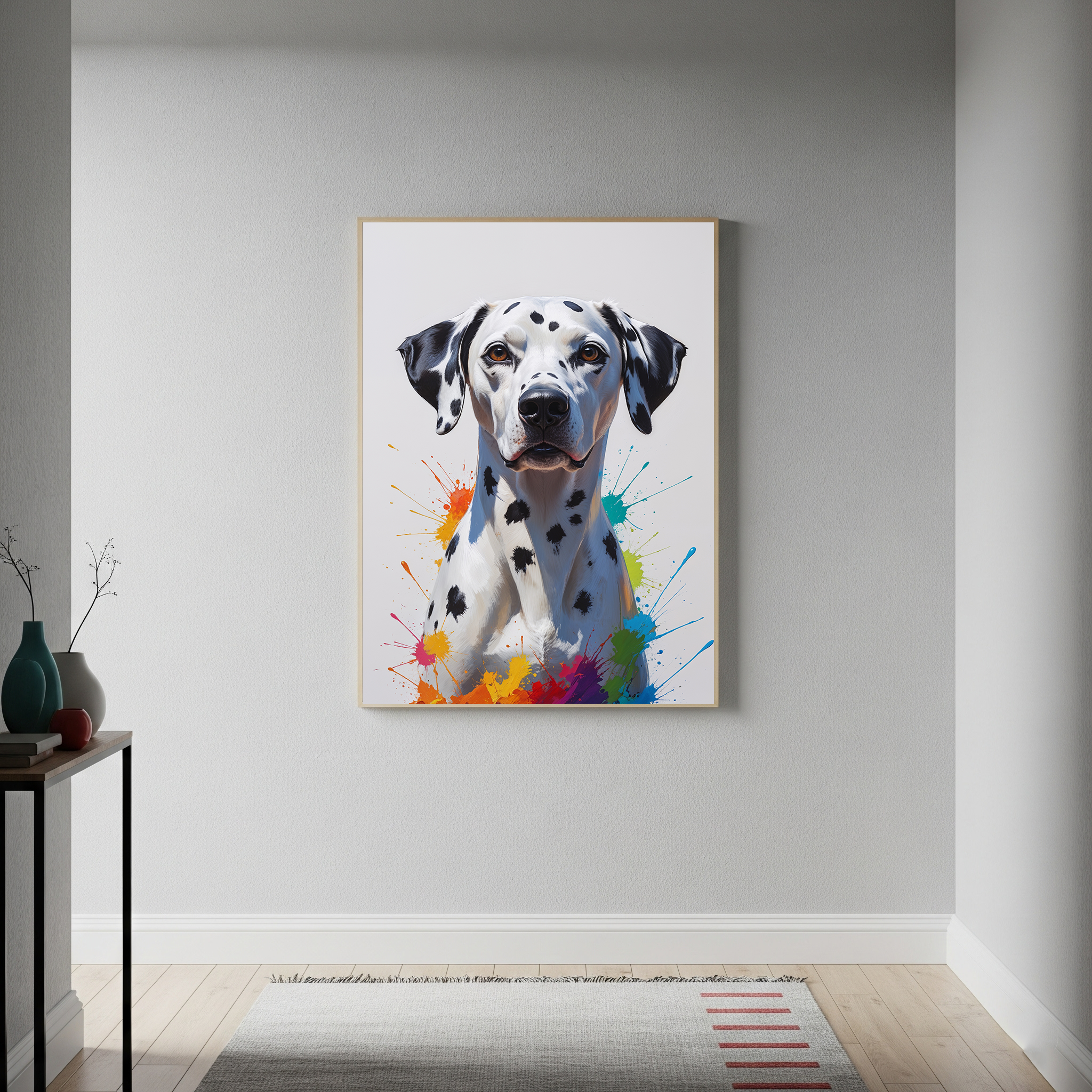 Colorful Dalmatian digital art by Reflectionare featuring a vibrant, abstract spotted dog illustration on a white background.