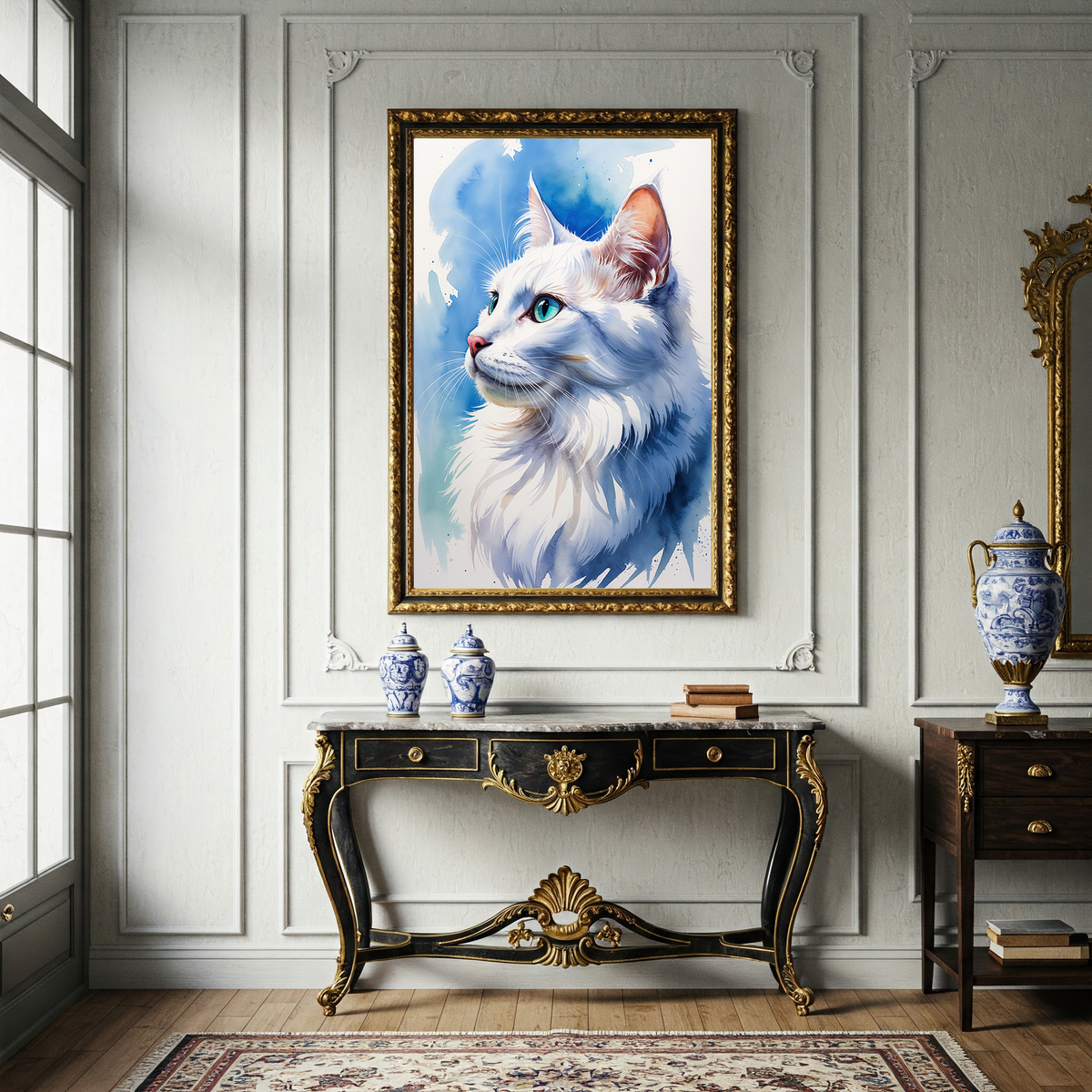 Watercolor white Angora cat portrait above a console table