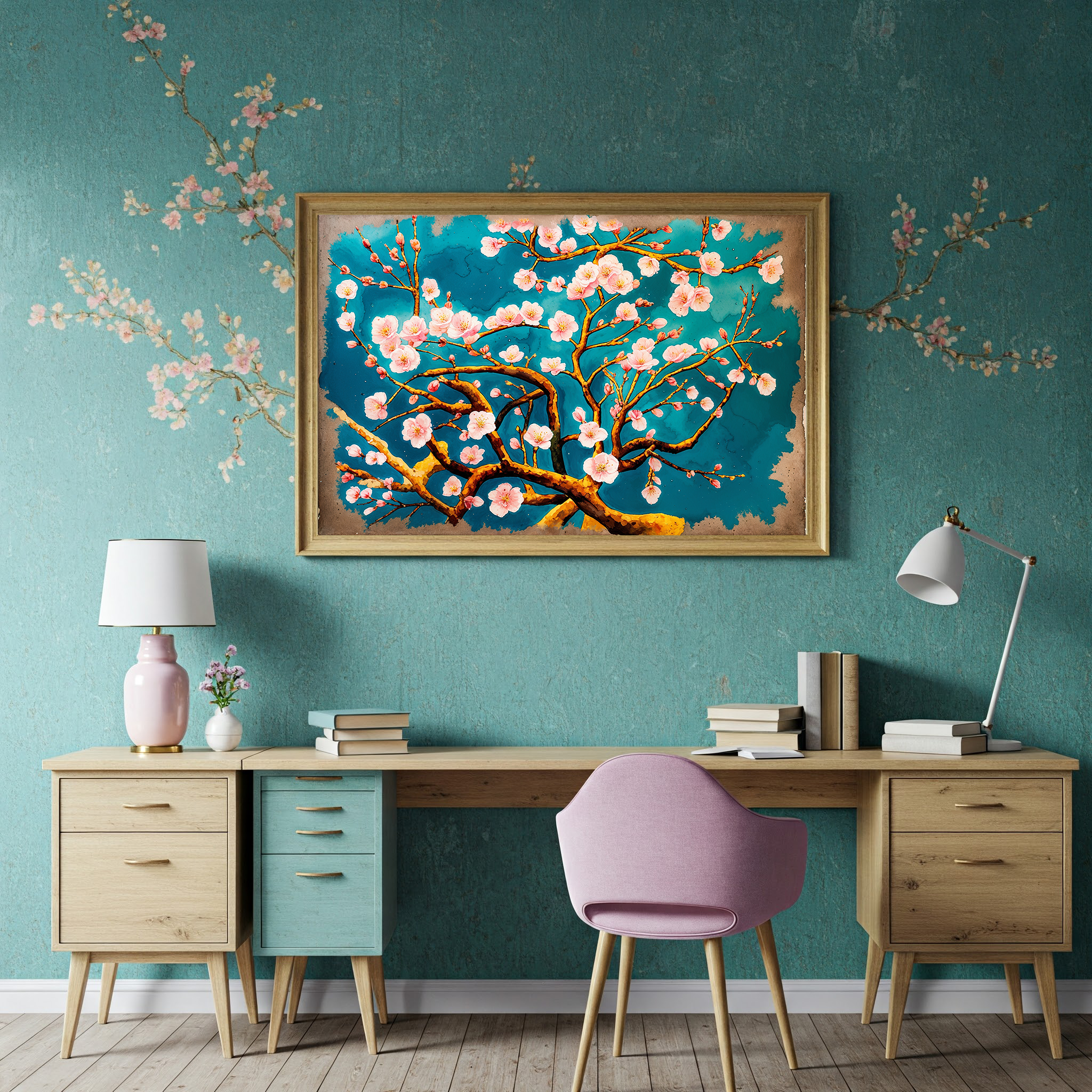 Cherry Blossom Painting Teal Wall Art | Digital Download