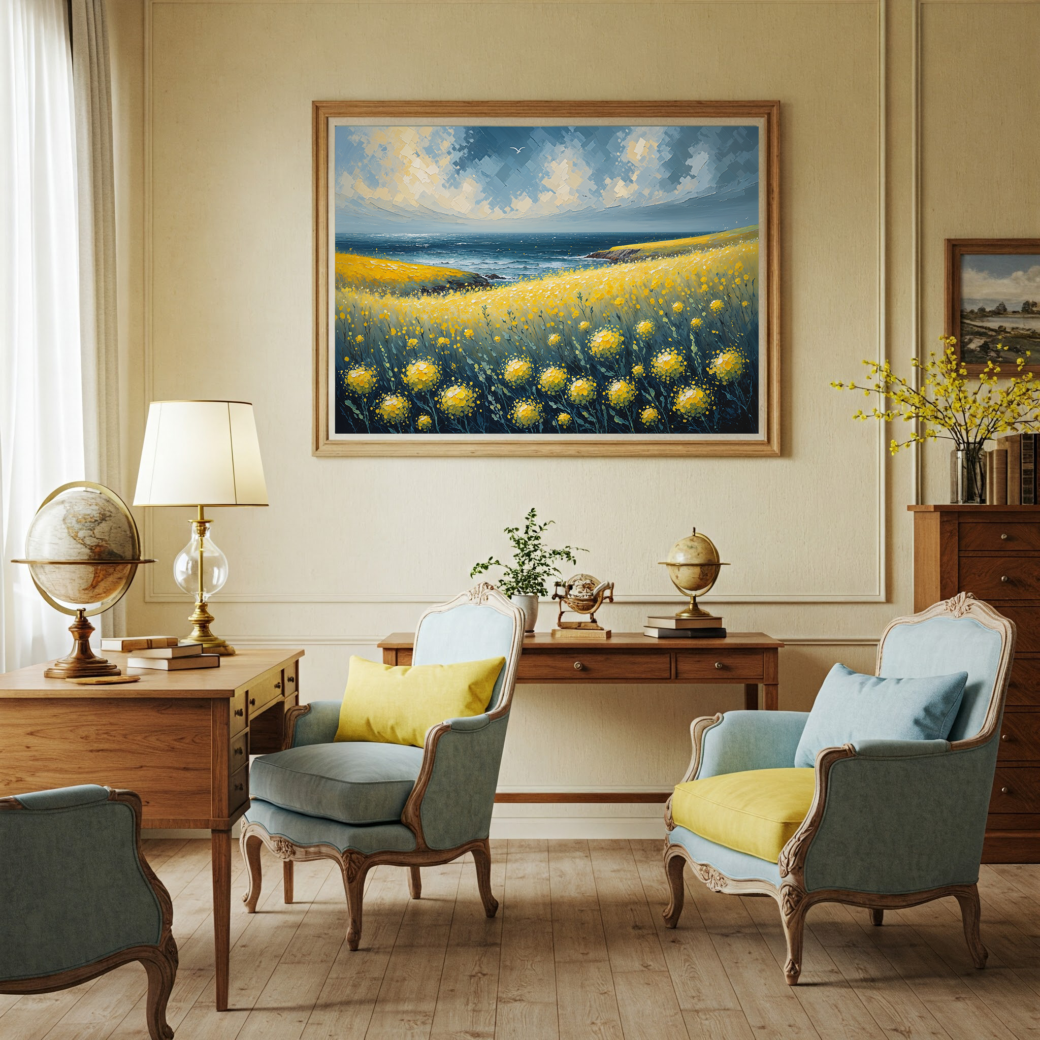Yellow Wildflowers Ocean Coast Oil Painting | Digital Download