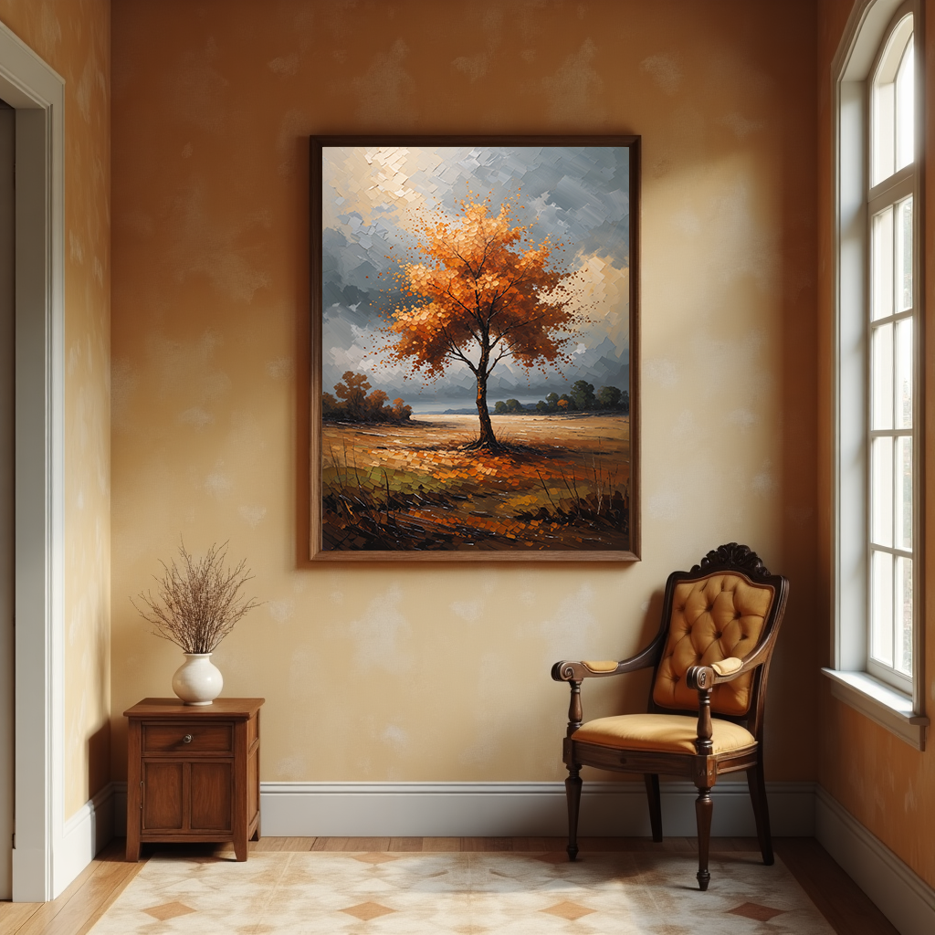 Reflectionare vintage digital art depicting a golden tree scene with impressionist autumn landscape in warm, rich colors.