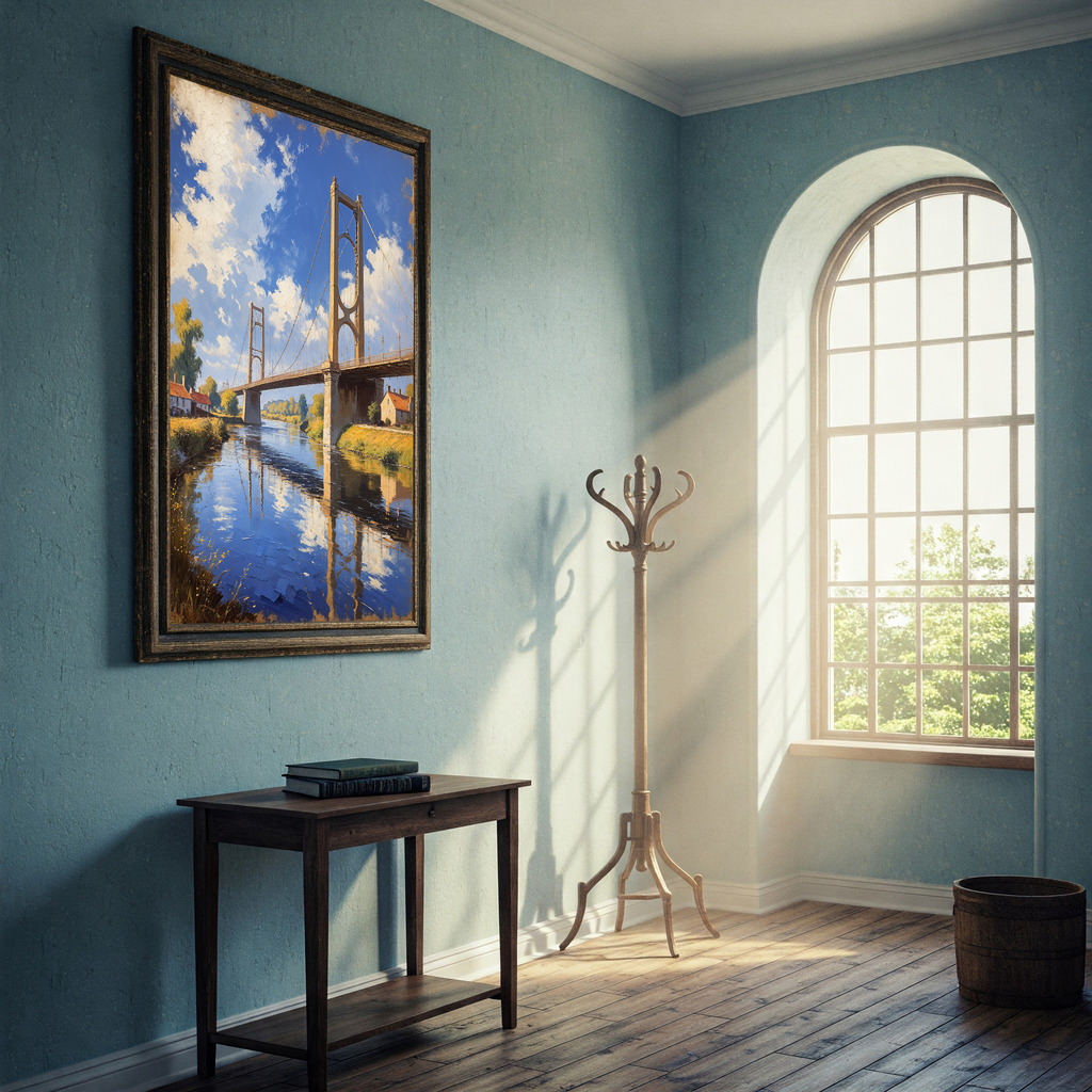 Vintage Suspension Bridge River Painting Wall Art | Digital Download