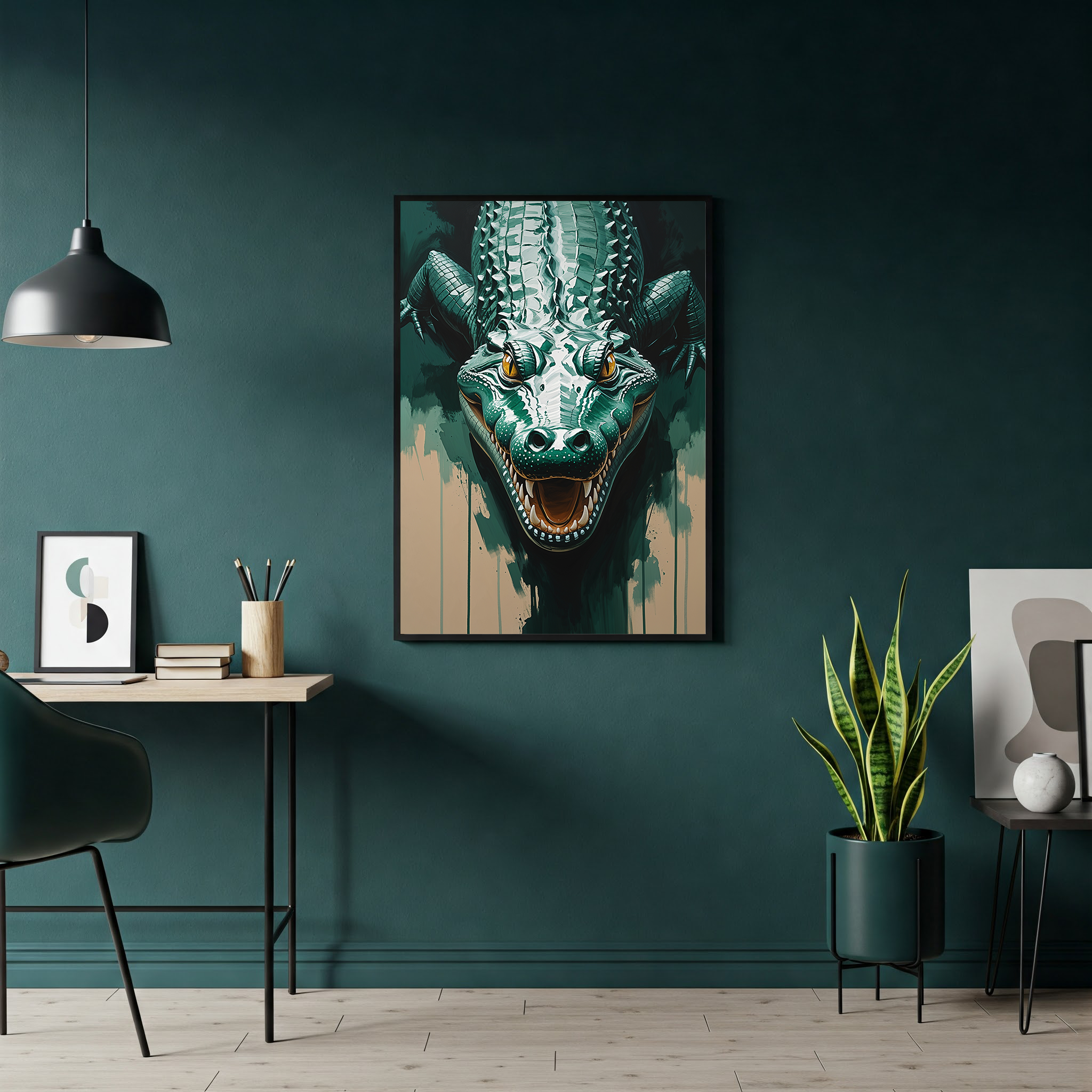 Abstract alligator digital art print by Reflectionare featuring modern reptile wall decor in vibrant, contemporary colors.