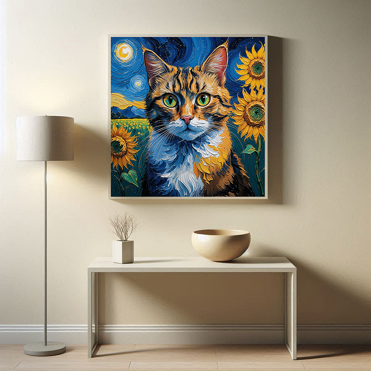 Van Gogh Style Starry Night Cat Sunflower Wall Art — additional gallery preview
