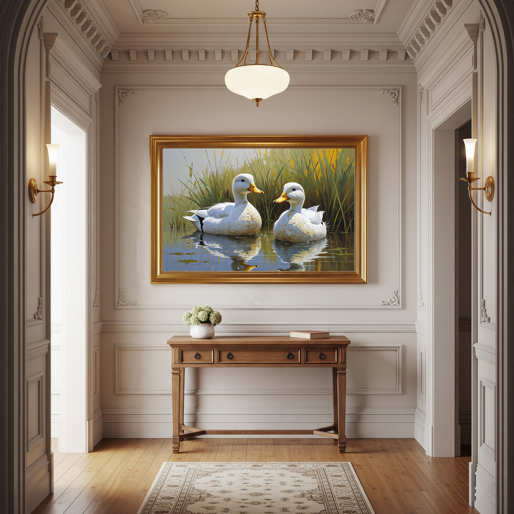 Vintage White Ducks Pond Painting Wall Art | Digital Download