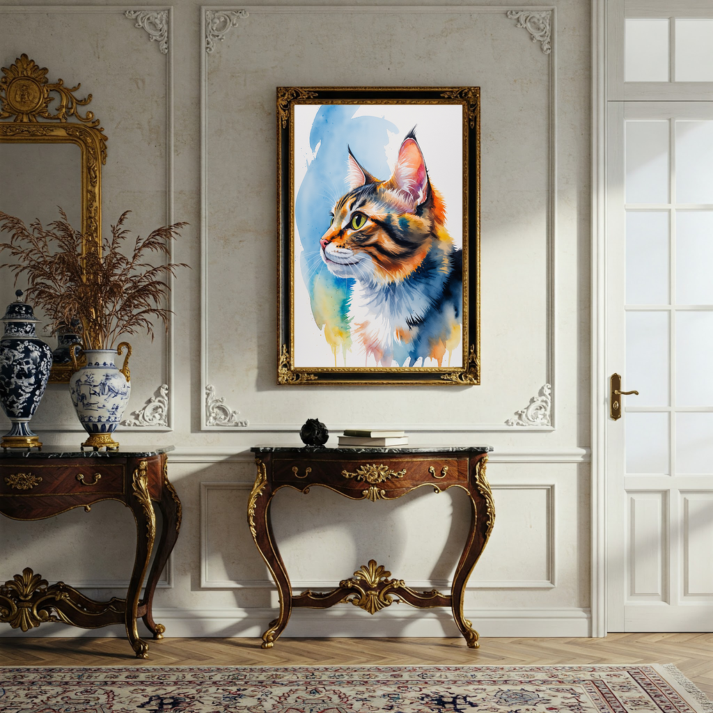 Watercolor tabby cat portrait above a console table