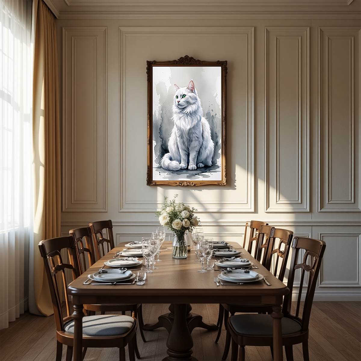 Watercolor white cat portrait above a dining table