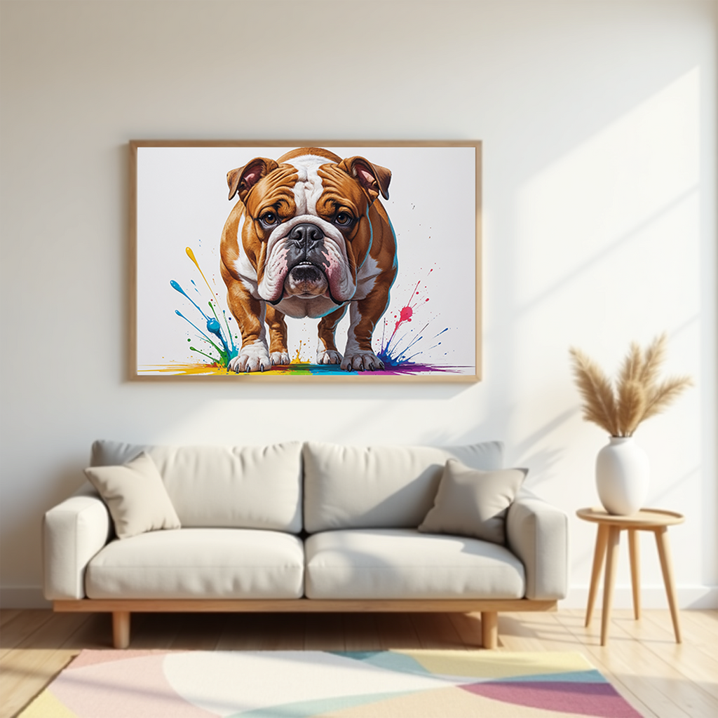 Colorful digital art of a bulldog by Reflectionare, featuring vibrant, abstract hues and creative design.