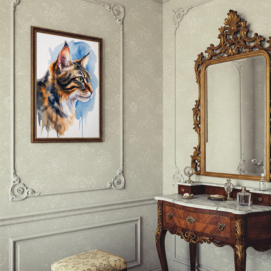 Watercolor Siberian cat portrait beside an ornate mirror