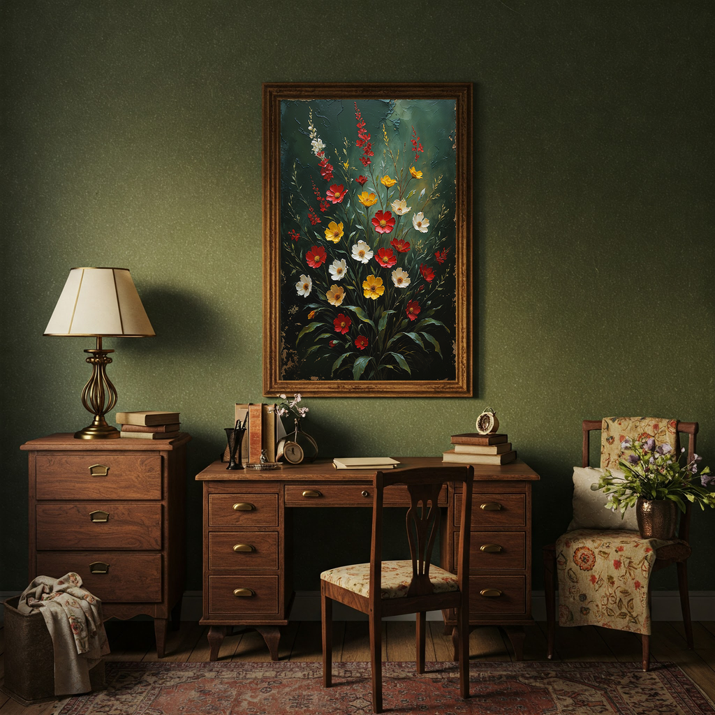 Vintage floral impasto art print by Reflectionare featuring retro flower wall decor in digital art style, with vibrant floral details.