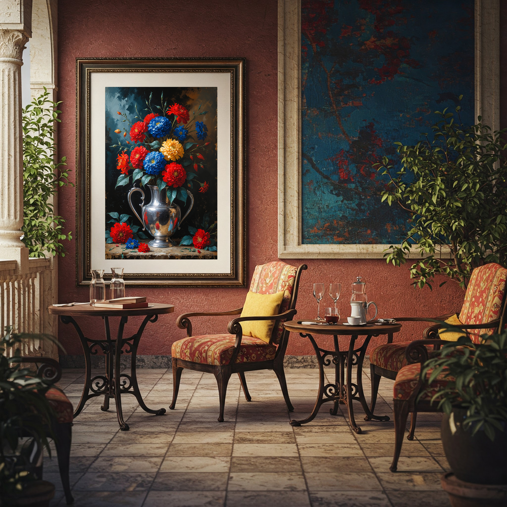 Vintage Silver Vase Red Blue Flowers Painting | Digital Download