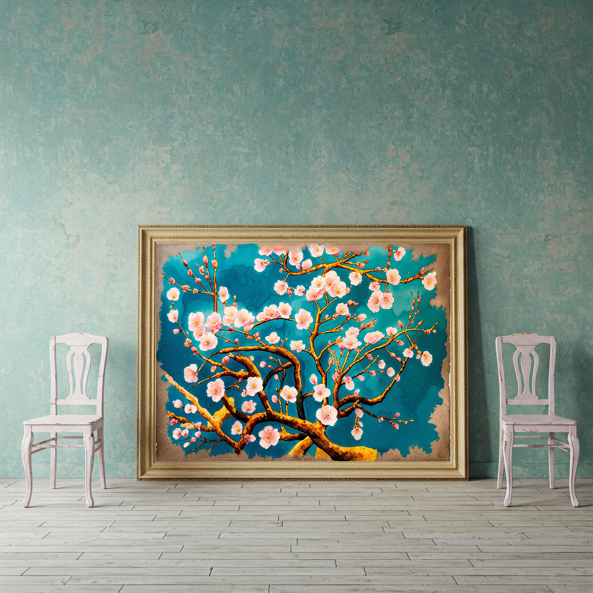 Cherry Blossom Painting Teal Wall Art | Digital Download