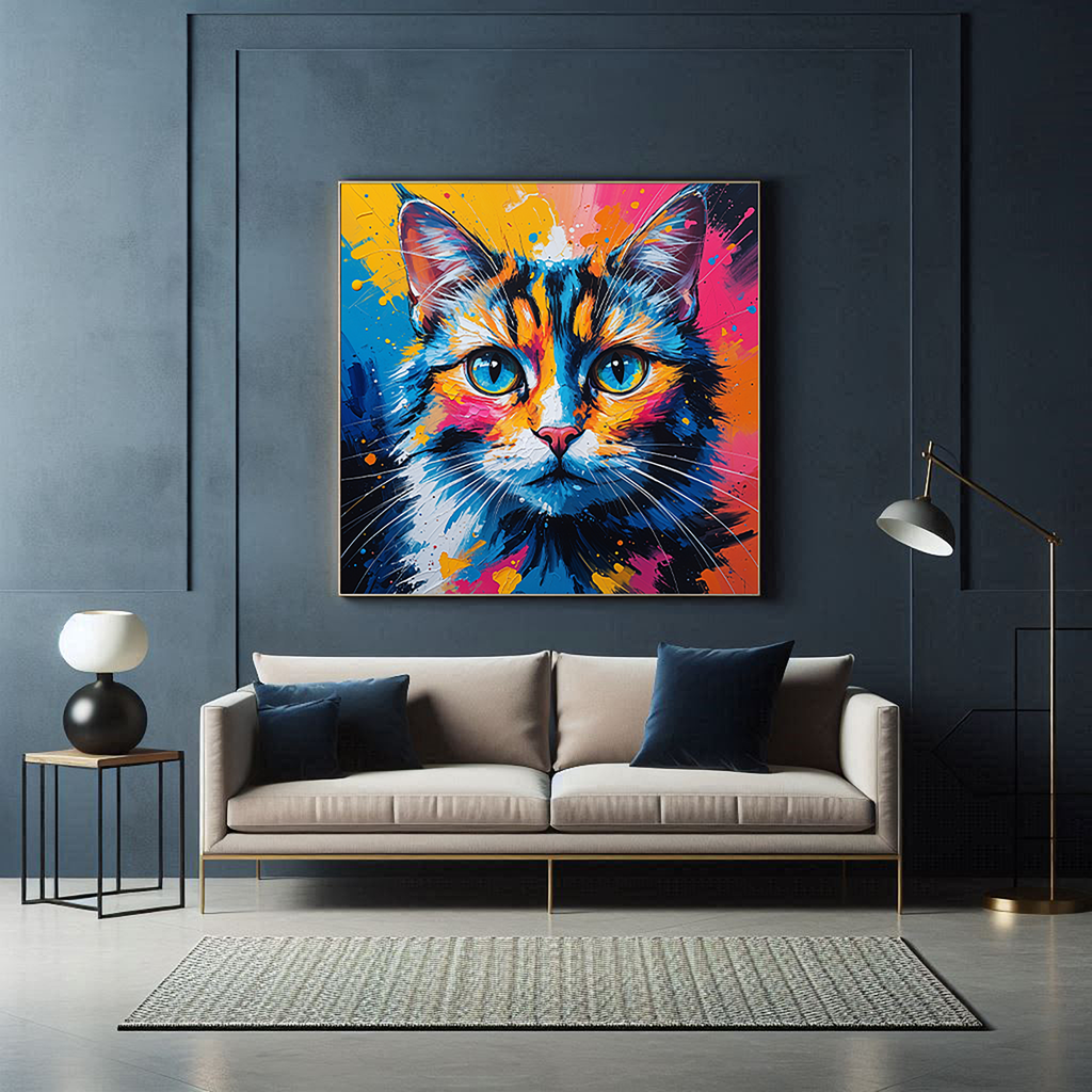 Abstract cat portrait digital art by Reflectionare, featuring vibrant colors and modern design, suitable for wall decor.