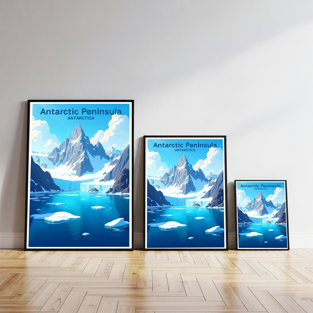 Reflectionare digital art of the Antarctic Peninsula featuring icy landscapes and snow-covered mountains.