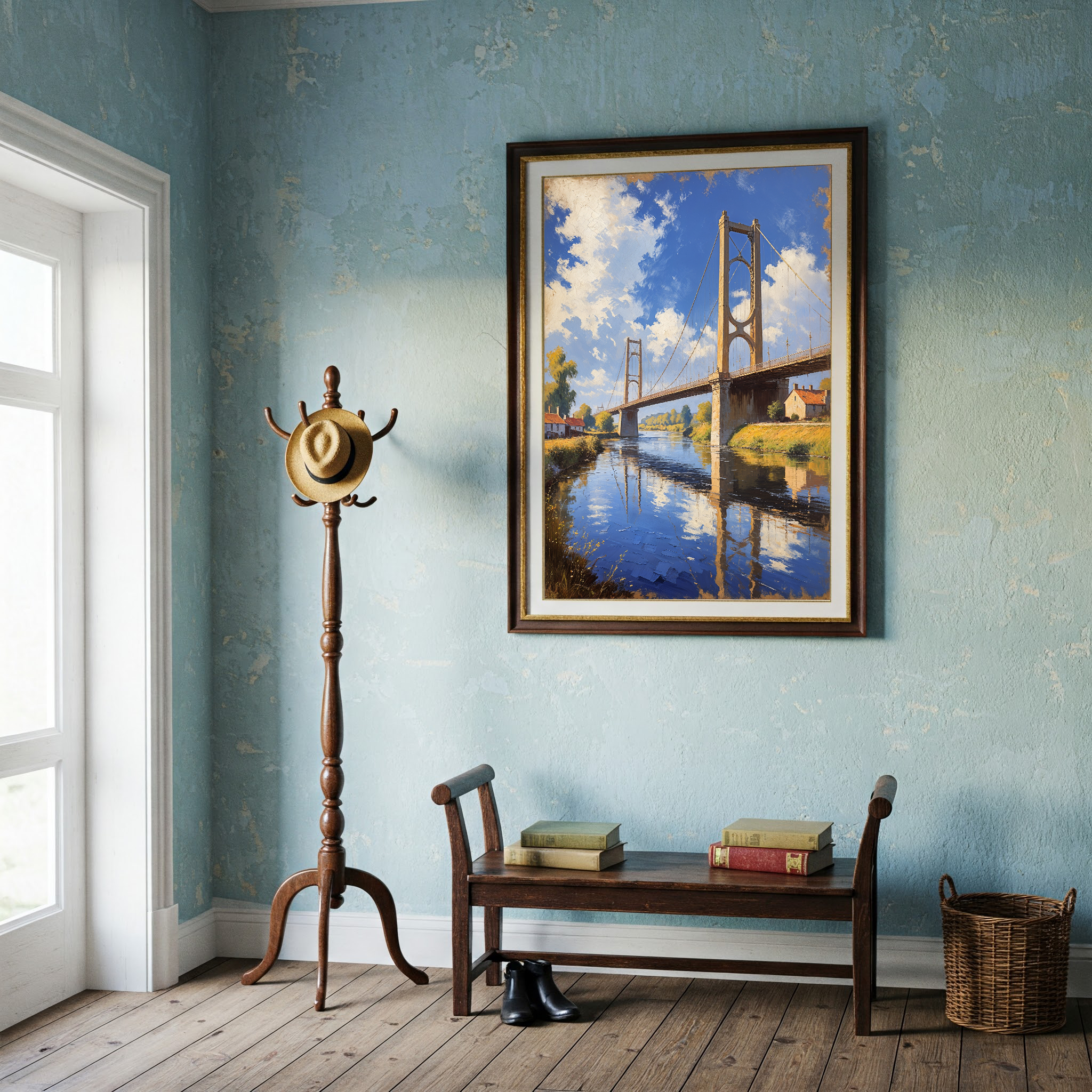 Vintage Suspension Bridge River Painting Wall Art | Digital Download