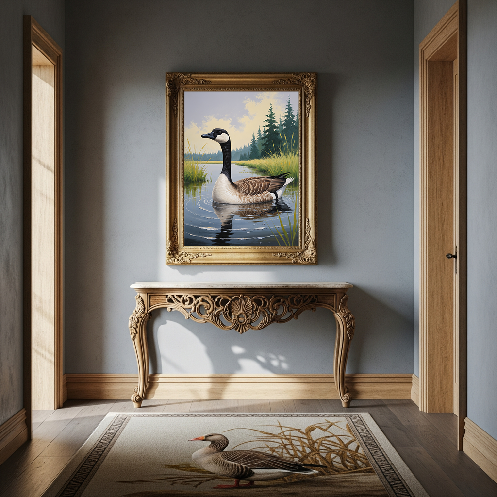 Vintage Canada Goose art print by Reflectionare, featuring retro nature digital wall decor with detailed goose illustration.