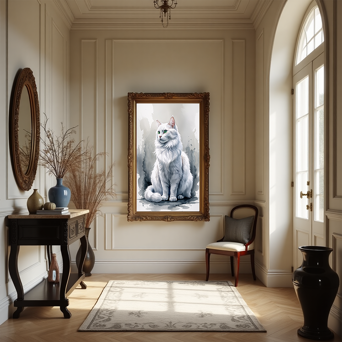 Watercolor white cat portrait in a bright hallway