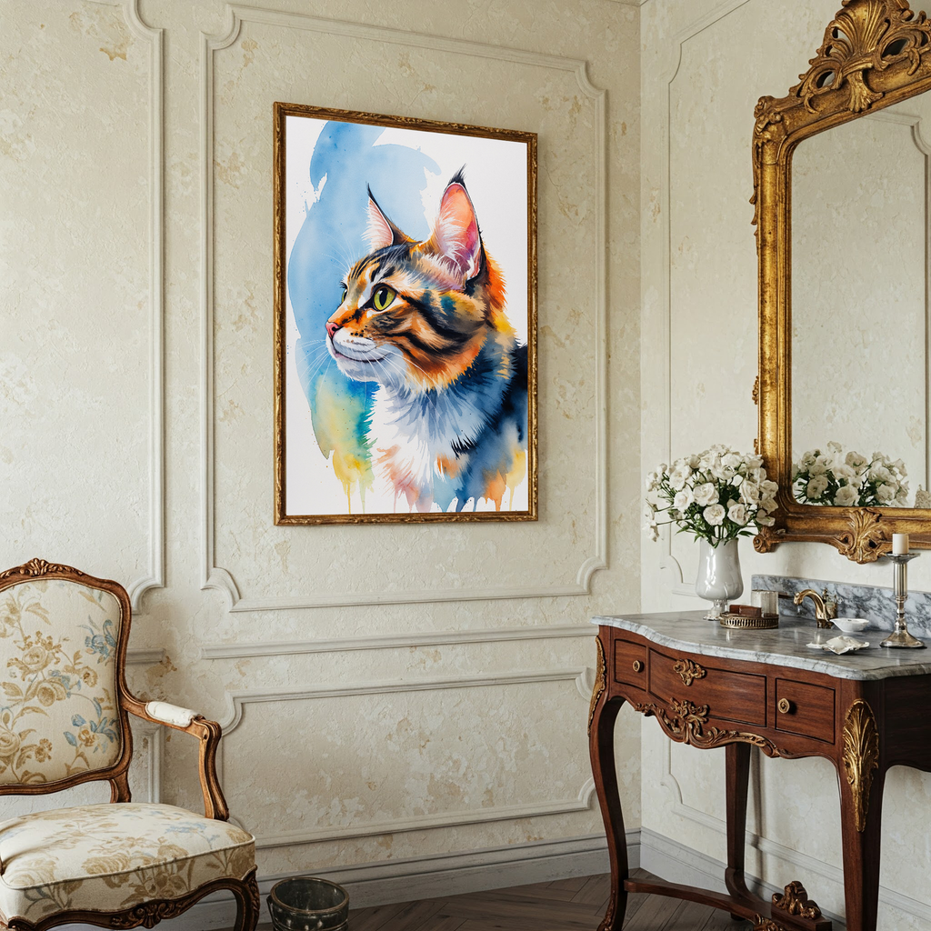Watercolor tabby cat portrait beside an ornate mirror