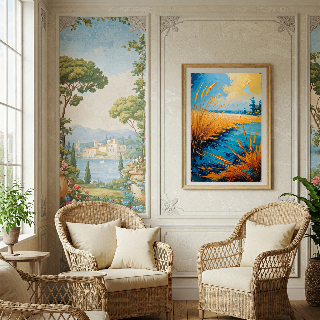 Vintage Lakeside Reeds Wall Art Print | Impressionist Lake Landscape