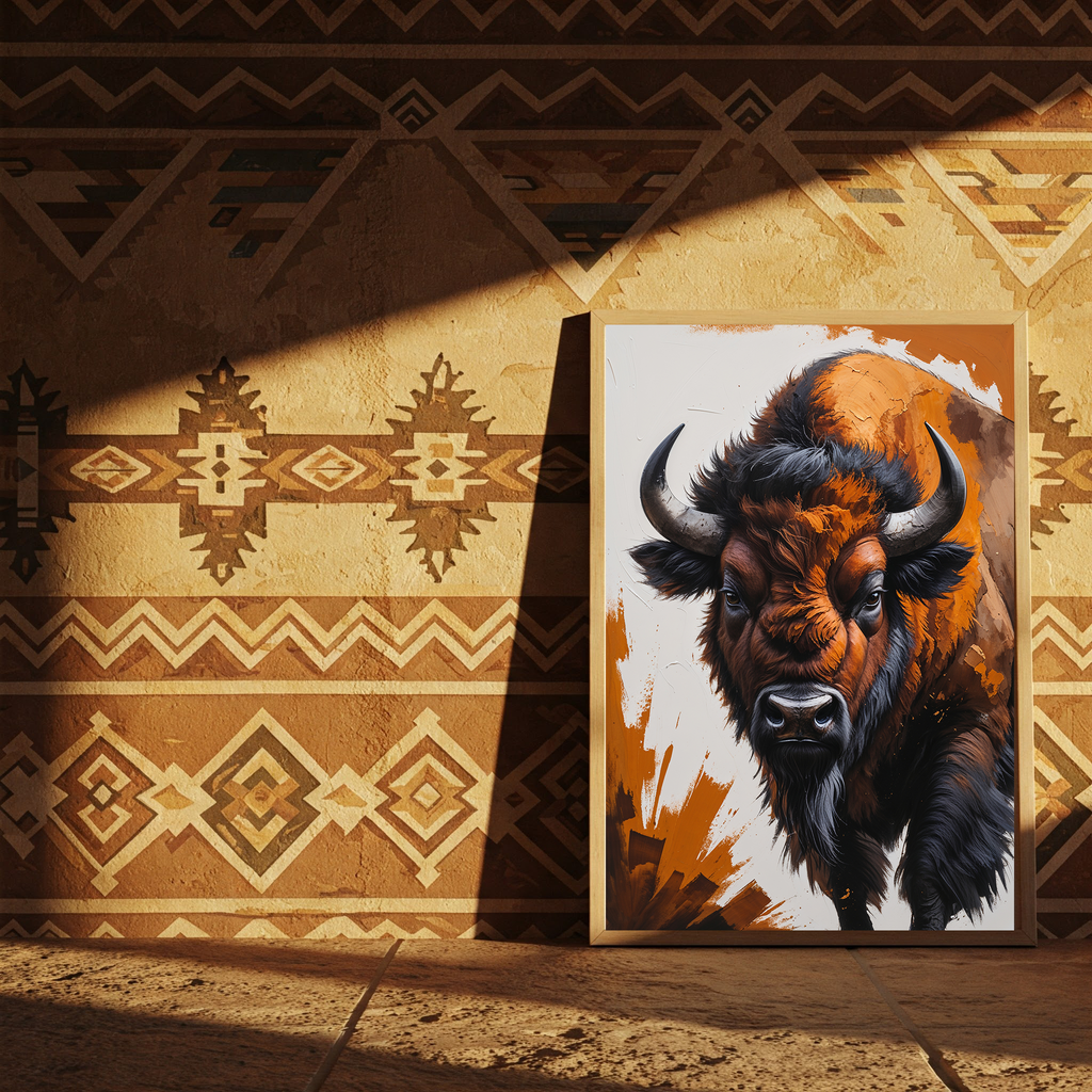 Abstract Buffalo digital art print by Reflectionare featuring modern wildlife wall decor with vibrant, stylized buffalo imagery.
