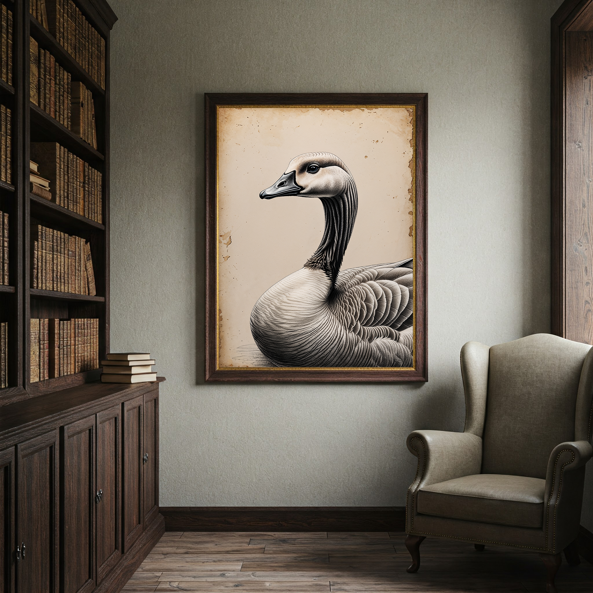 Vintage goose portrait digital art by Reflectionare showing a detailed farm bird illustration on a neutral background.