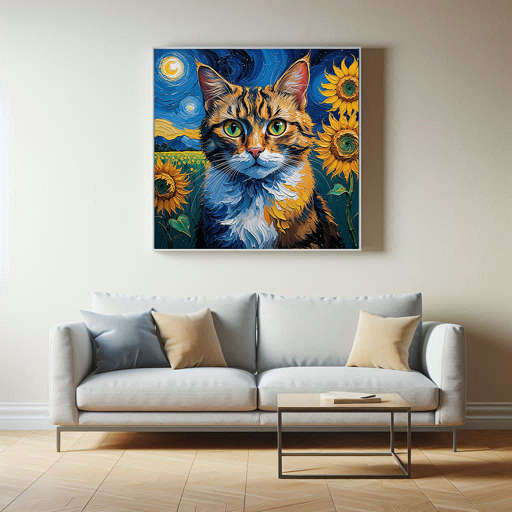Van Gogh Style Starry Night Cat Sunflower Wall Art — alternate gallery view