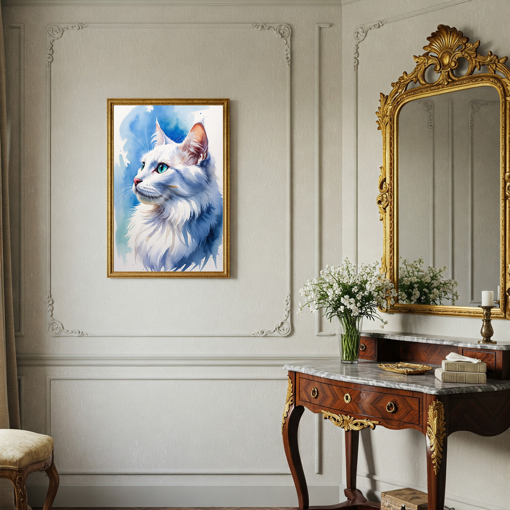 Watercolor white Angora cat portrait beside an ornate mirror