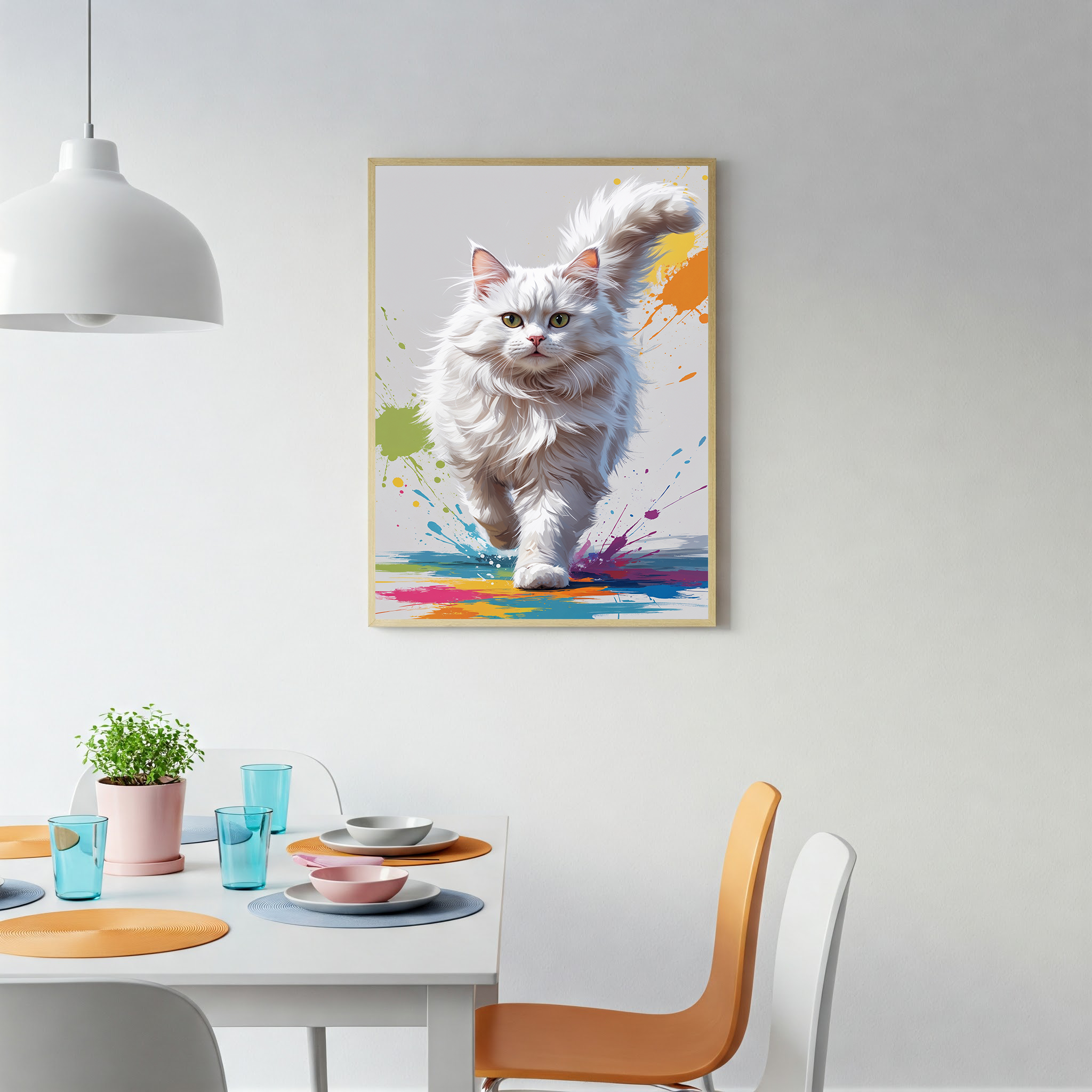 Fluffy White Cat Colorful Splash Art Print
