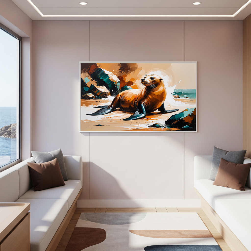 Vibrant Sea Lion Beach Painting Wall Art | Digital Download
