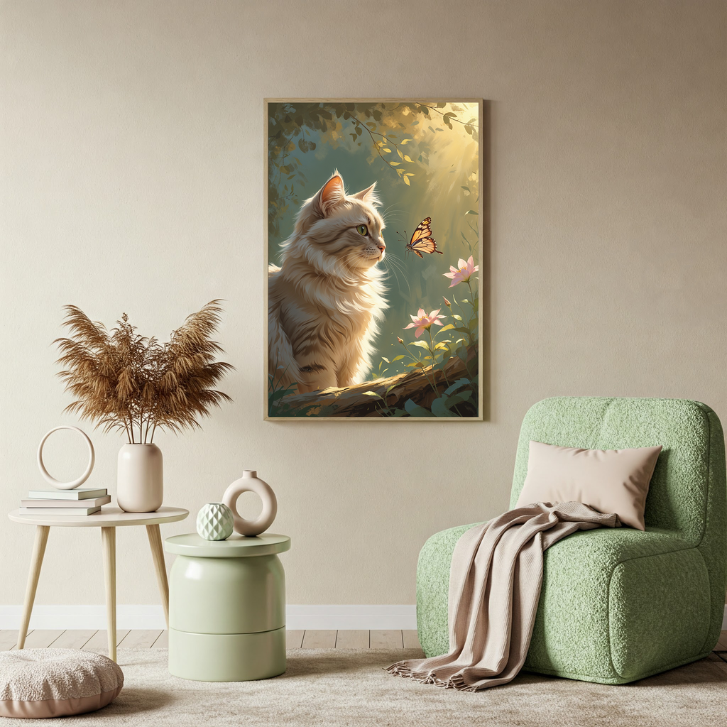 Digital art of a cat and butterfly by Reflectionare, featuring vibrant colors and detailed design on a white background.