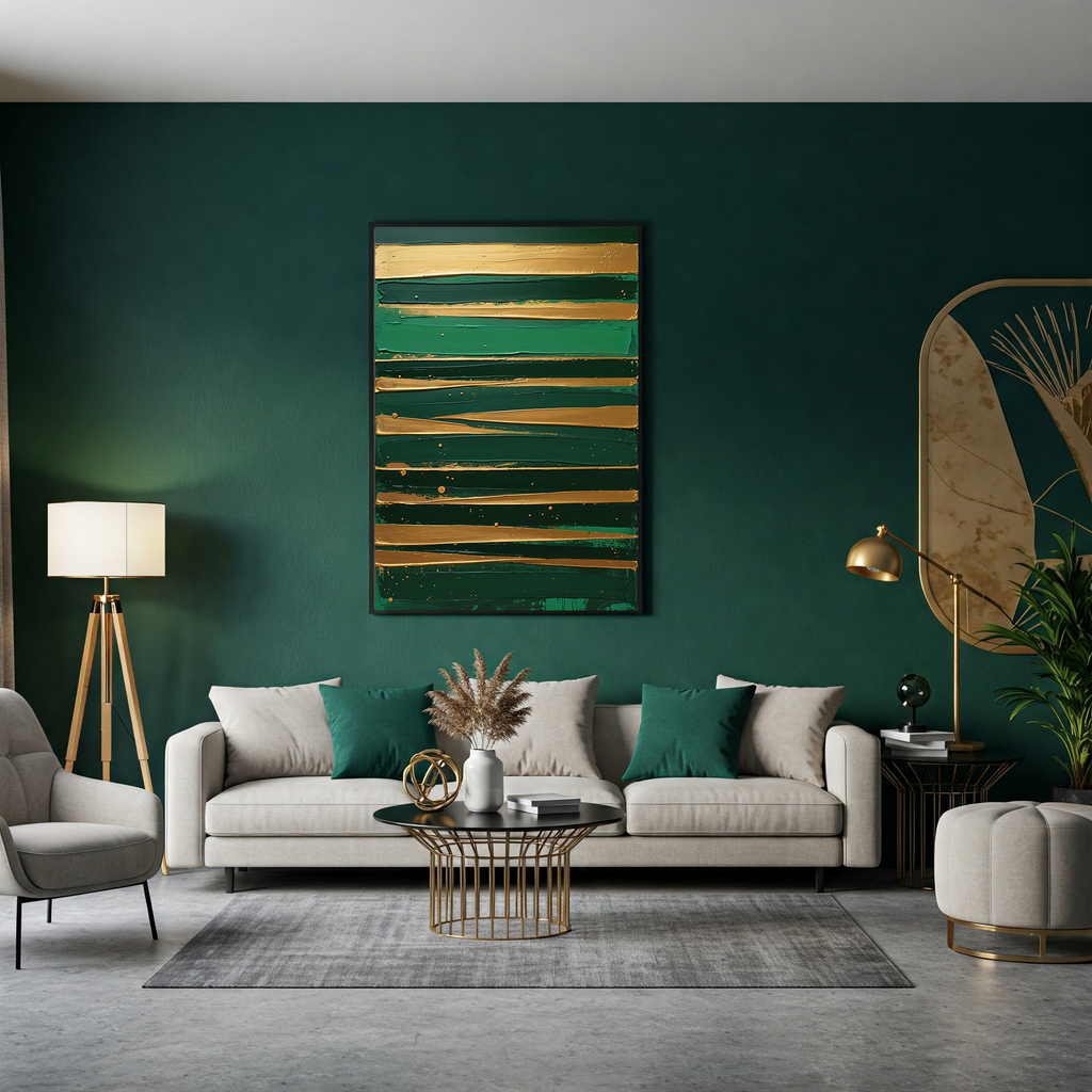 Golden Brushstrokes Green Abstract Wall Art | Digital Download