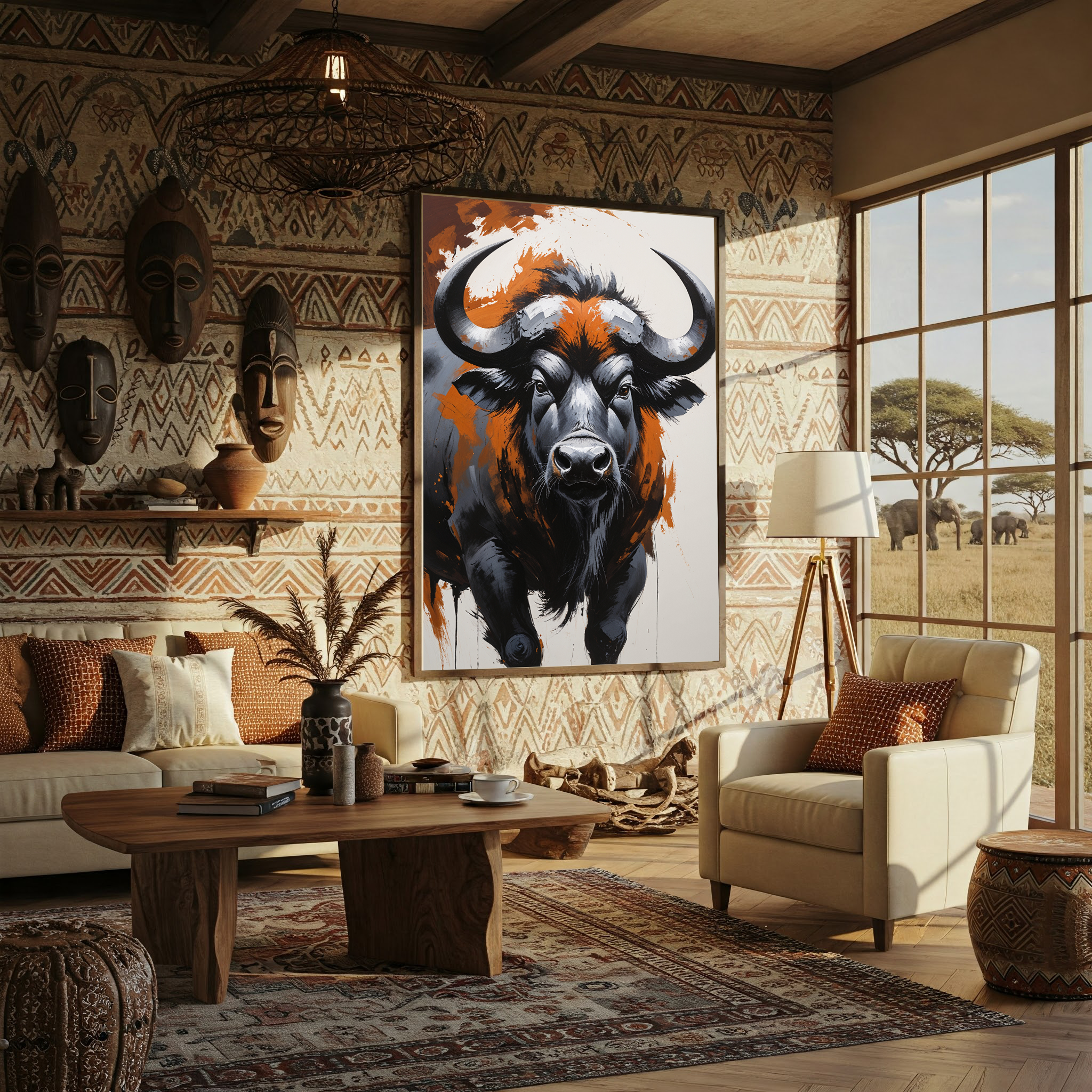 Abstract African buffalo digital art print by Reflectionare featuring modern wildlife wall decor in bold, expressive tones.
